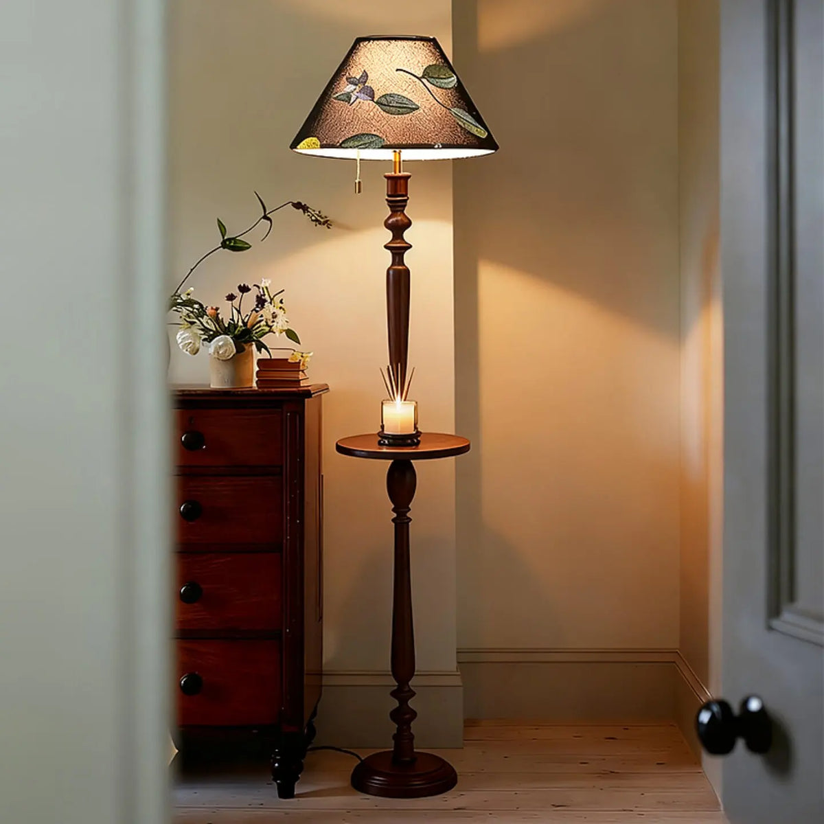 French Retro Solid Wood Floor Lamp Living Room Standing Lamp Bedroom Bedside Light Storage Rack Room Decoration Antique Lamp LED
