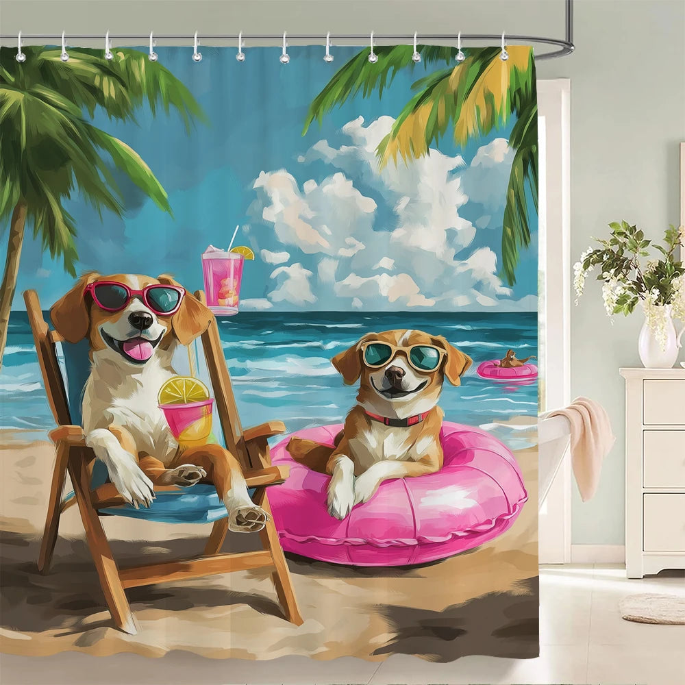 Funny Cat and Dog Shower Curtain Animal Beach Printed Shower Curtain Bathroom Bath Curtain Home Decor Curtain With Hooks