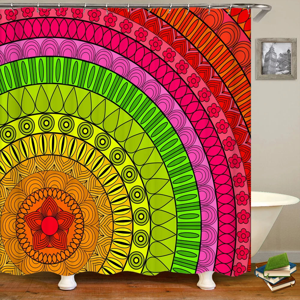 Bohemian Beach Fabric Shower Curtain Bathroom Curtains Indian Mandala Flower Waterproof Fabric Bath Screen with 12 Hooks