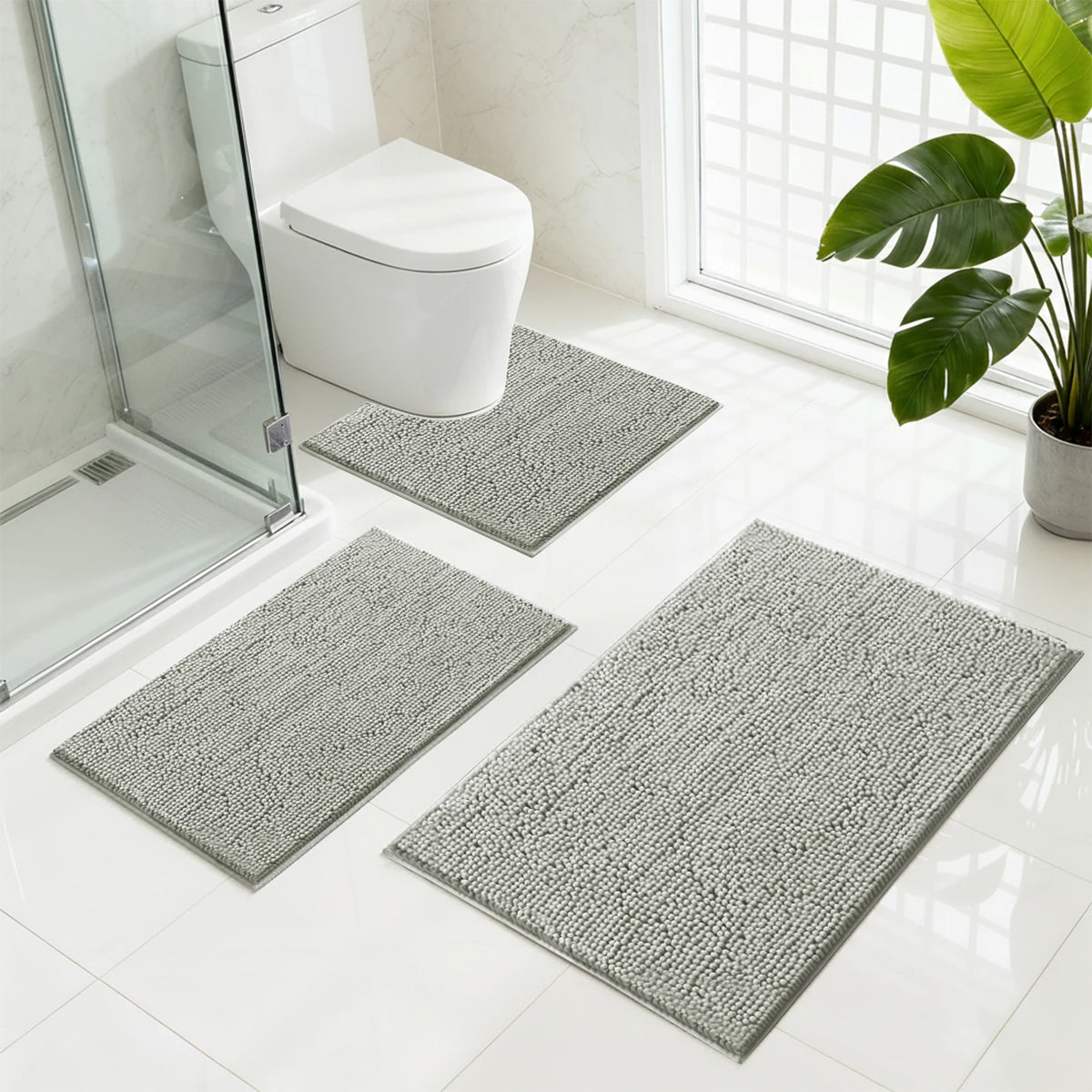 Absorbent Bathroom Rugs Set Non Slip 3 Piece Bath Mat Washable Chenille Bath Rugs Bath Tub Carpet Bathroom Mats with Toilet Rug