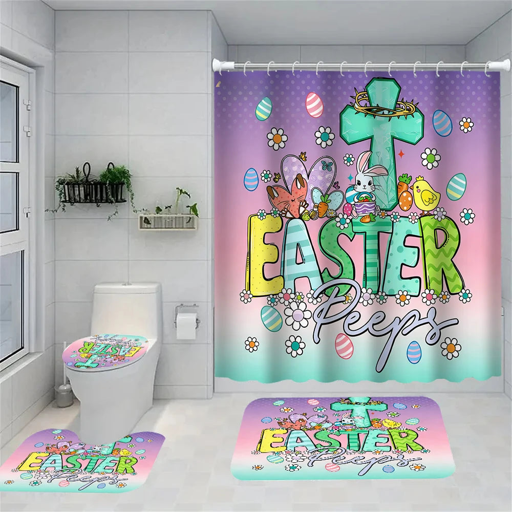 4/1 Easter Bunny shower curtain set, toilet seat decoration, shower curtain with carpet and toilet lid, size 70.8x70.8 in