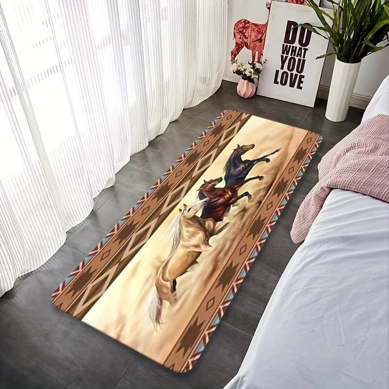 Tribal Geometric Border Running Horse Print Runner Rug, Non-Slip Washable Mat for Bedroom, Entryway, Hallway & Western Rustic