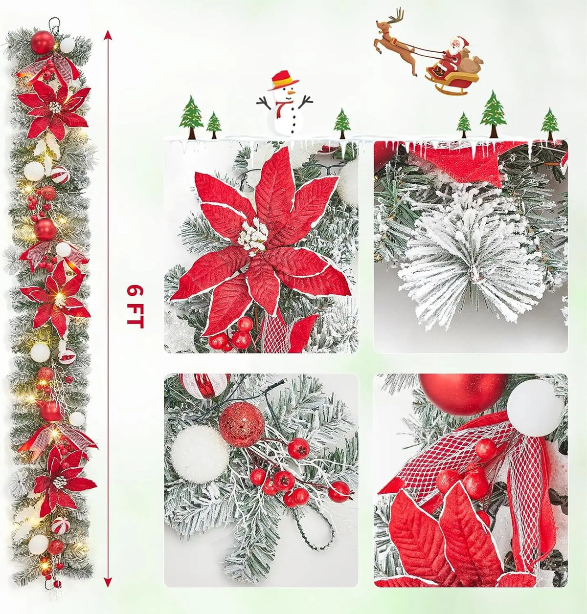 Garvee 6FT Christmas Garland Rattan Wreath Great for Christmas, Winter and New Year Decoration For Table Wall Fireplace Stair Christmas Decor with Lights, Red Twig Pine Decor, 8 Lighting Modes
