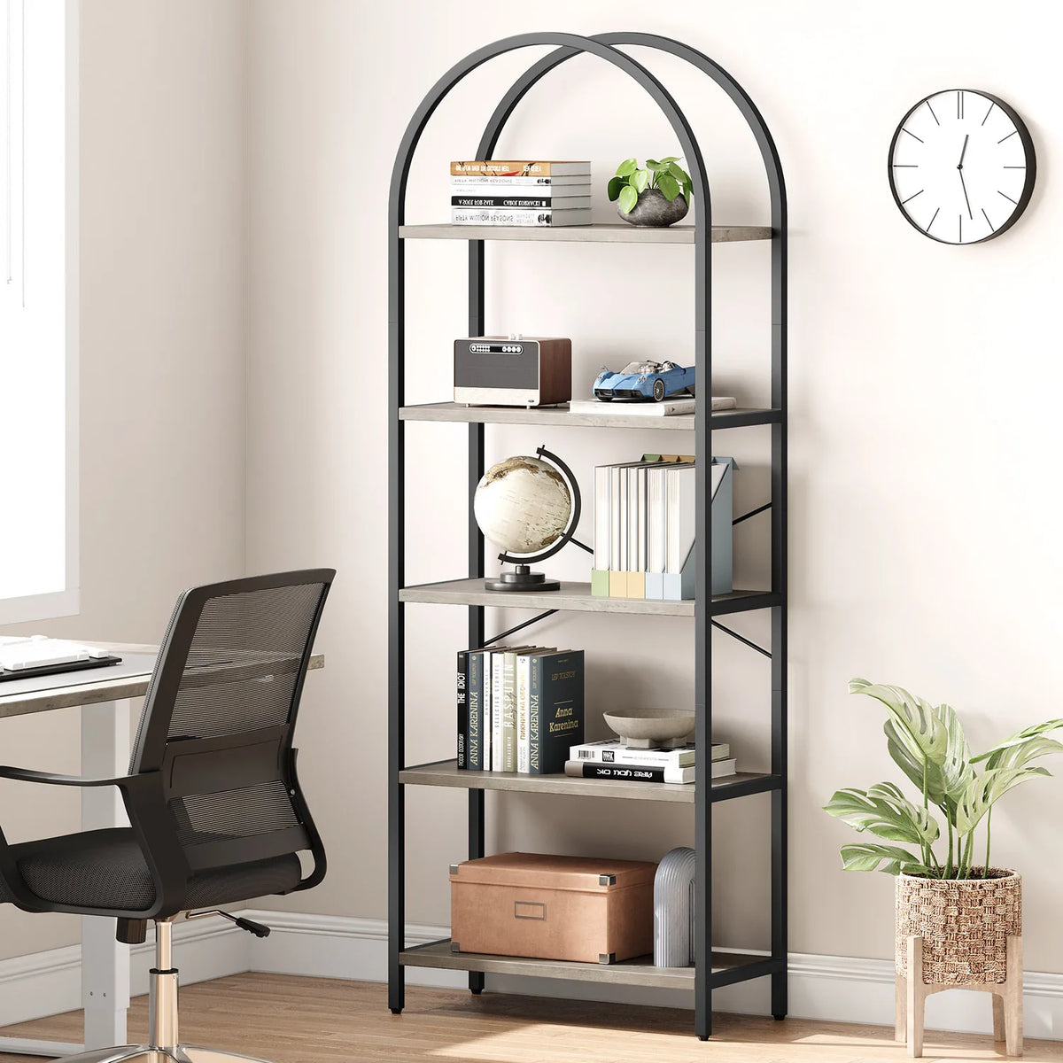5-Tier Arched Bookshelf, 180cm Tall Industrial Open Bookcase, Freestanding Display Rack Metal Wooden Storage Shelving Units