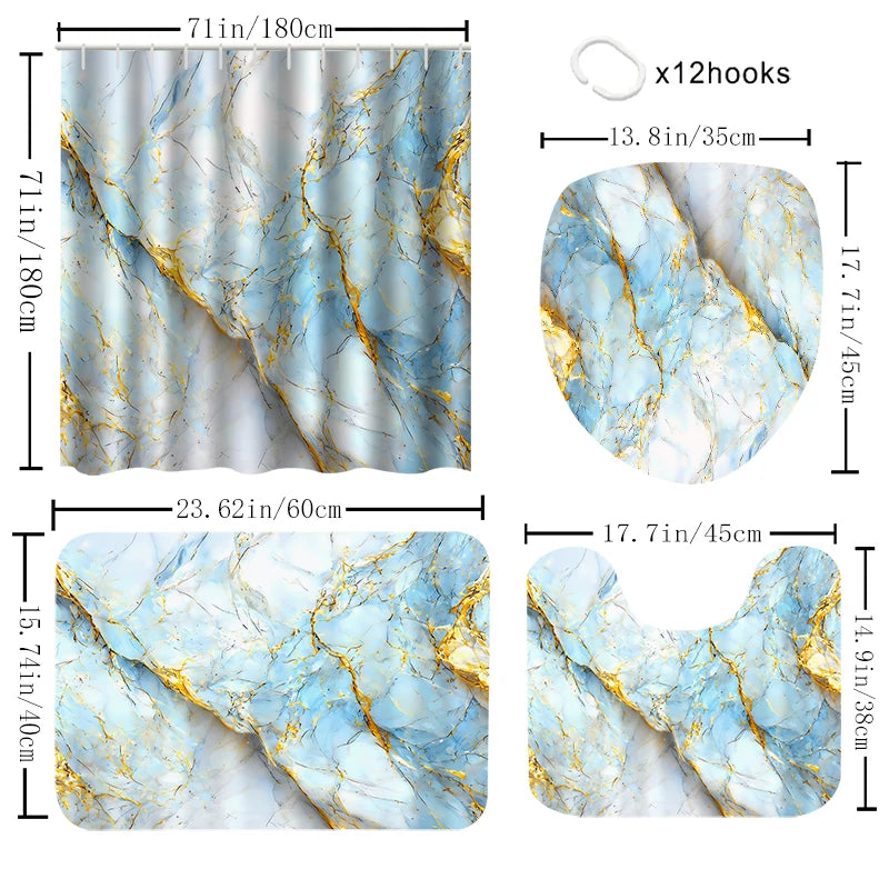 4-piece marble pattern shower curtain set, toilet seat decoration, shower curtain with carpet and toilet lid, 12 70.8x70.8 inch