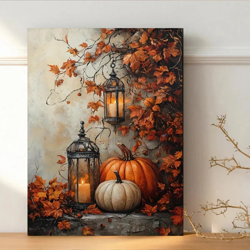 Halloween with Maple Leaves Pumpkin Candlelight Poster Prints Autumn Scenery Canvas Painting Wall Art Picture Holiday Home Decor