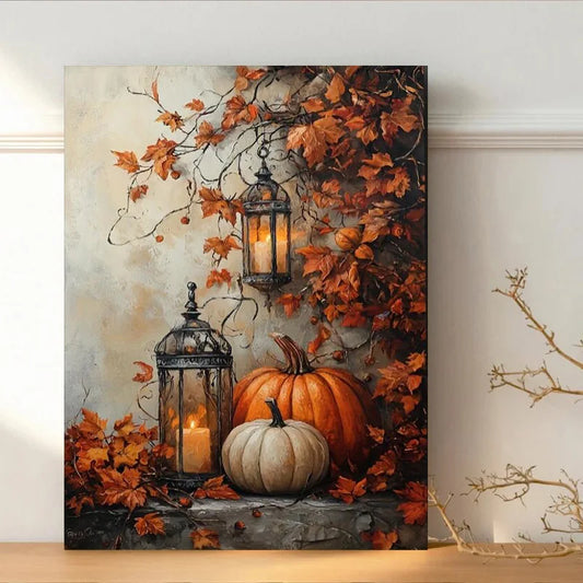 Halloween with Maple Leaves Pumpkin Candlelight Poster Prints Autumn Scenery Canvas Painting Wall Art Picture Holiday Home Decor