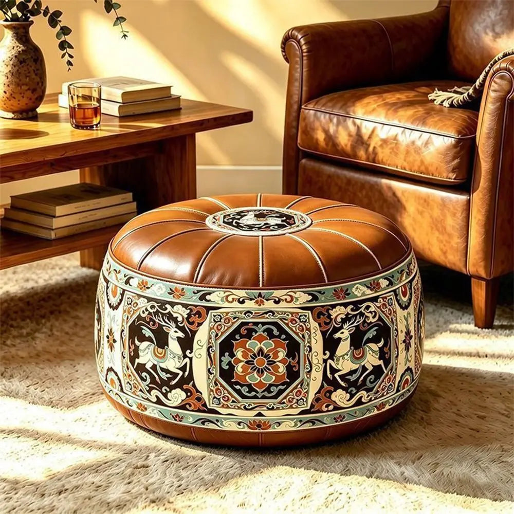 New PU Leather Fillable Ottoman Pouf Embroidered Pattern Moroccan Style Storage Ottoman Round Shape Floor Seat Cushion Home Use