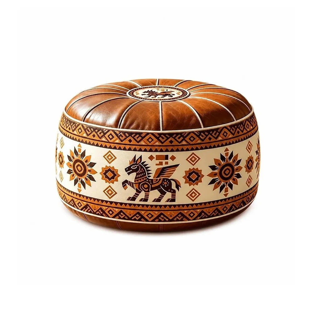 New PU Leather Fillable Ottoman Pouf Embroidered Pattern Moroccan Style Storage Ottoman Round Shape Round Pouf Cover Living Room