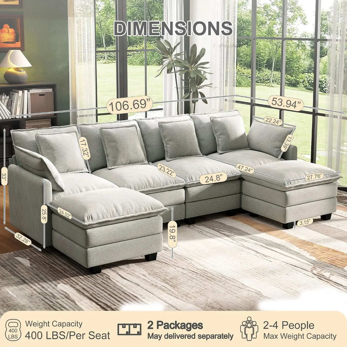 107" Cloud Couch Sectional Modular Sofa, Deep Seat Couches with Ottoman and Removable Washable Pillows for Living, Custom