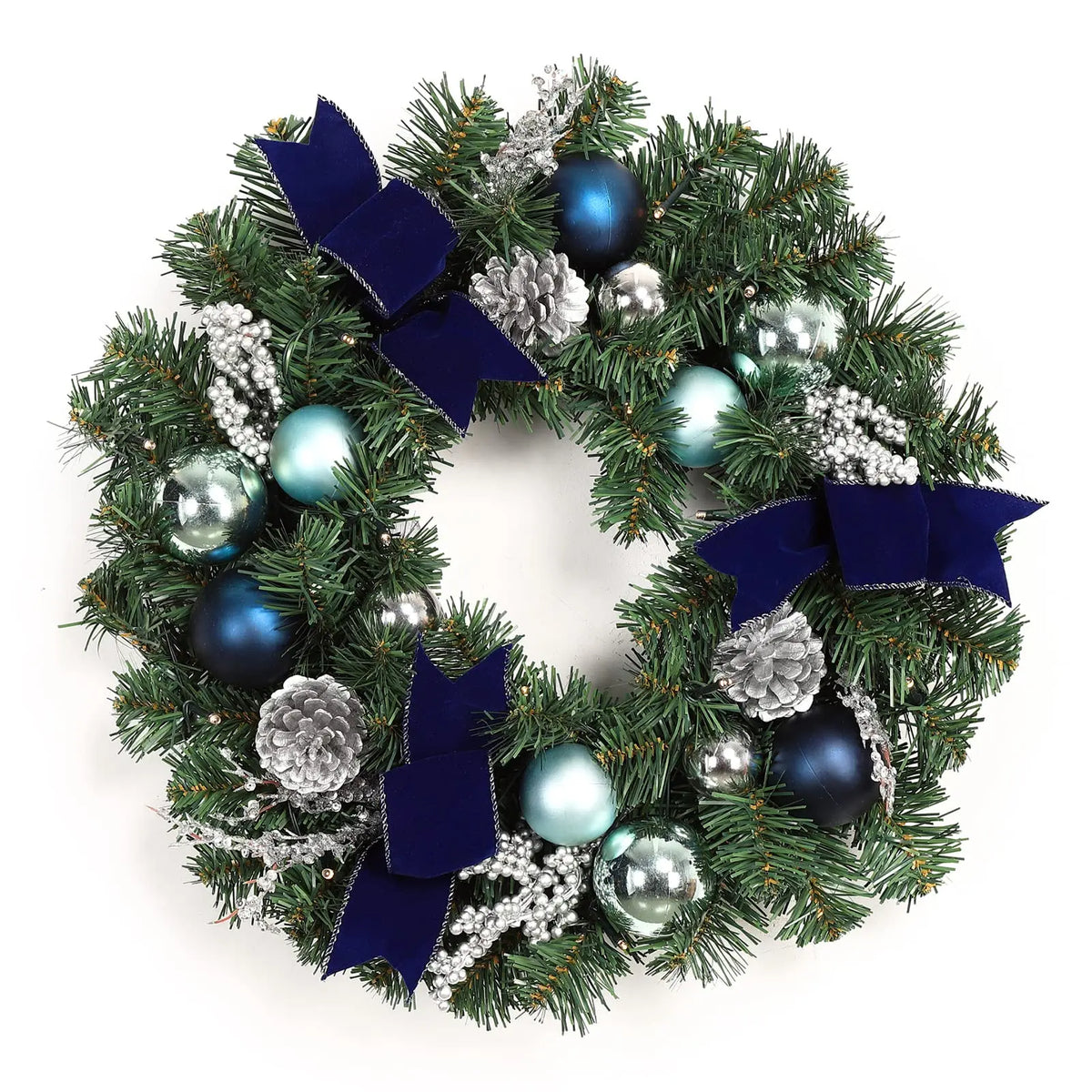 18 Inch Lighted Christmas Wreath For Front Door With 15 Warm Led Lights Blue Silver Ornaments Velvet Bows Winter Porch Wall Decor