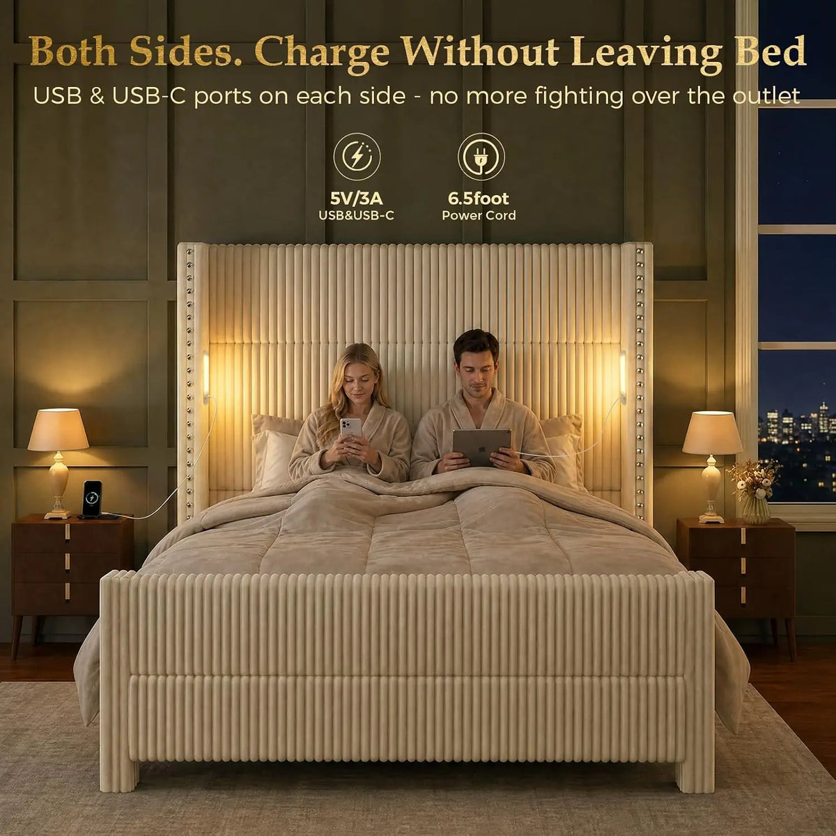 Queen Bed Frame with 56.7" Tall Wingback Headboard & Reading Lights, Cream | Corduroy Upholstered Platform Bed and, Customized