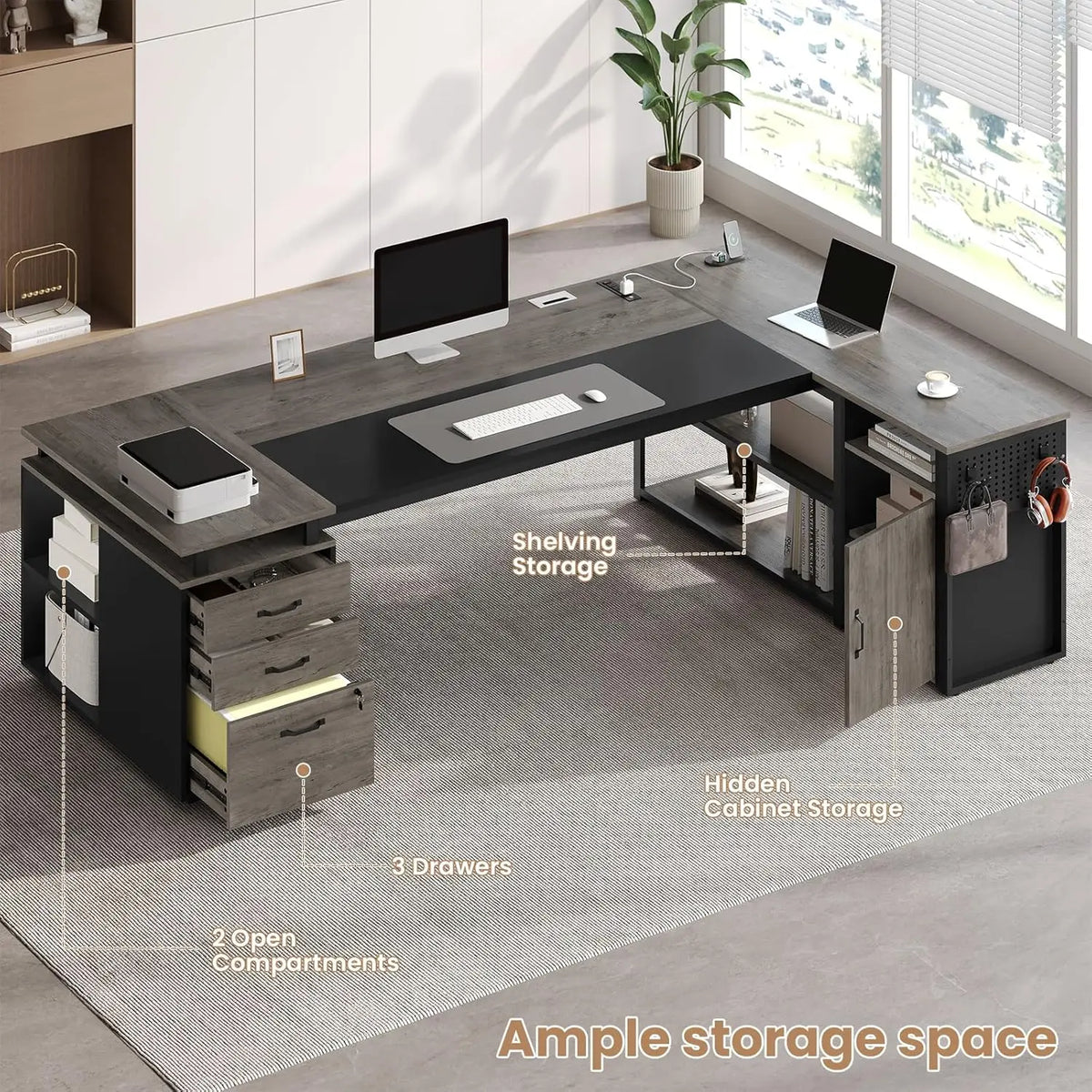 78" Executive Desk with Lockable File Cabinet, L Shaped Office Desk with Power Outlets, Large Executive Desk with, Customized