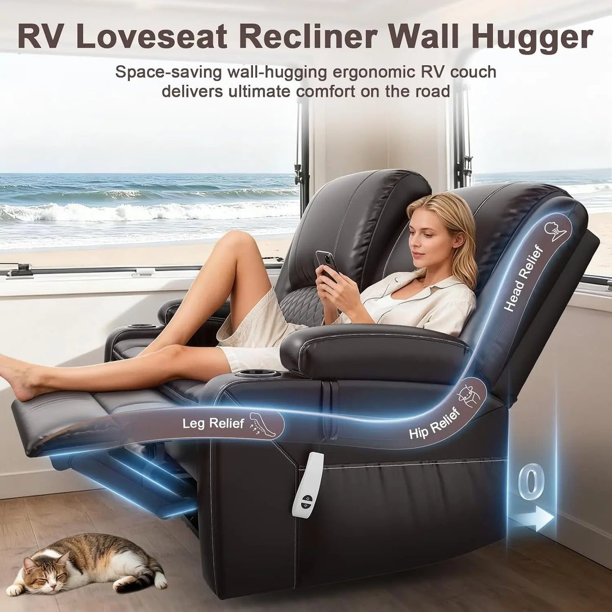 Power Loveseat Recliner, RV Loveseat Recliner Wall Hugger (Pu,Brown) | Power Reclining Loveseat with Removable Armrest,, Custom