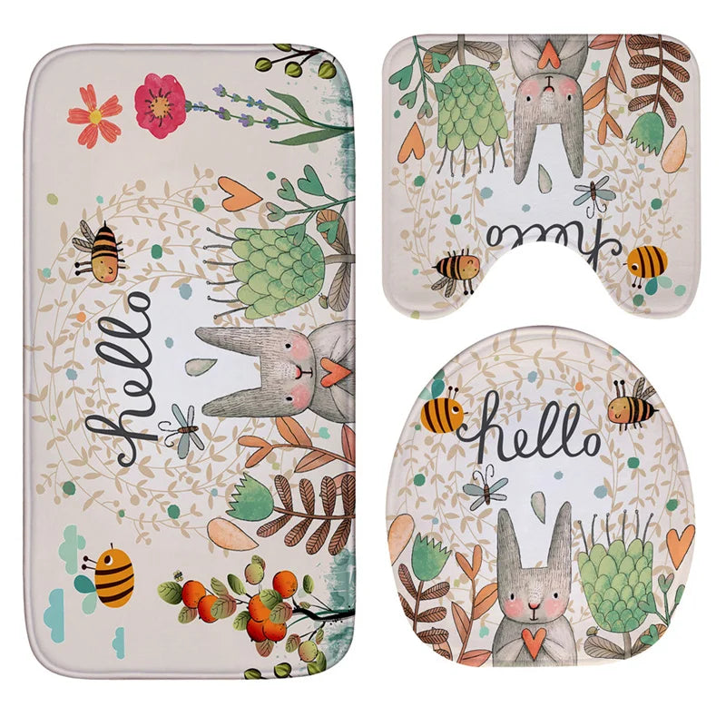 Honlaker Hello Rabbit Flannel Absorbent Non-Slip Mat Bathroom Toilet Mats Set Bath Rugs Toilet Covers