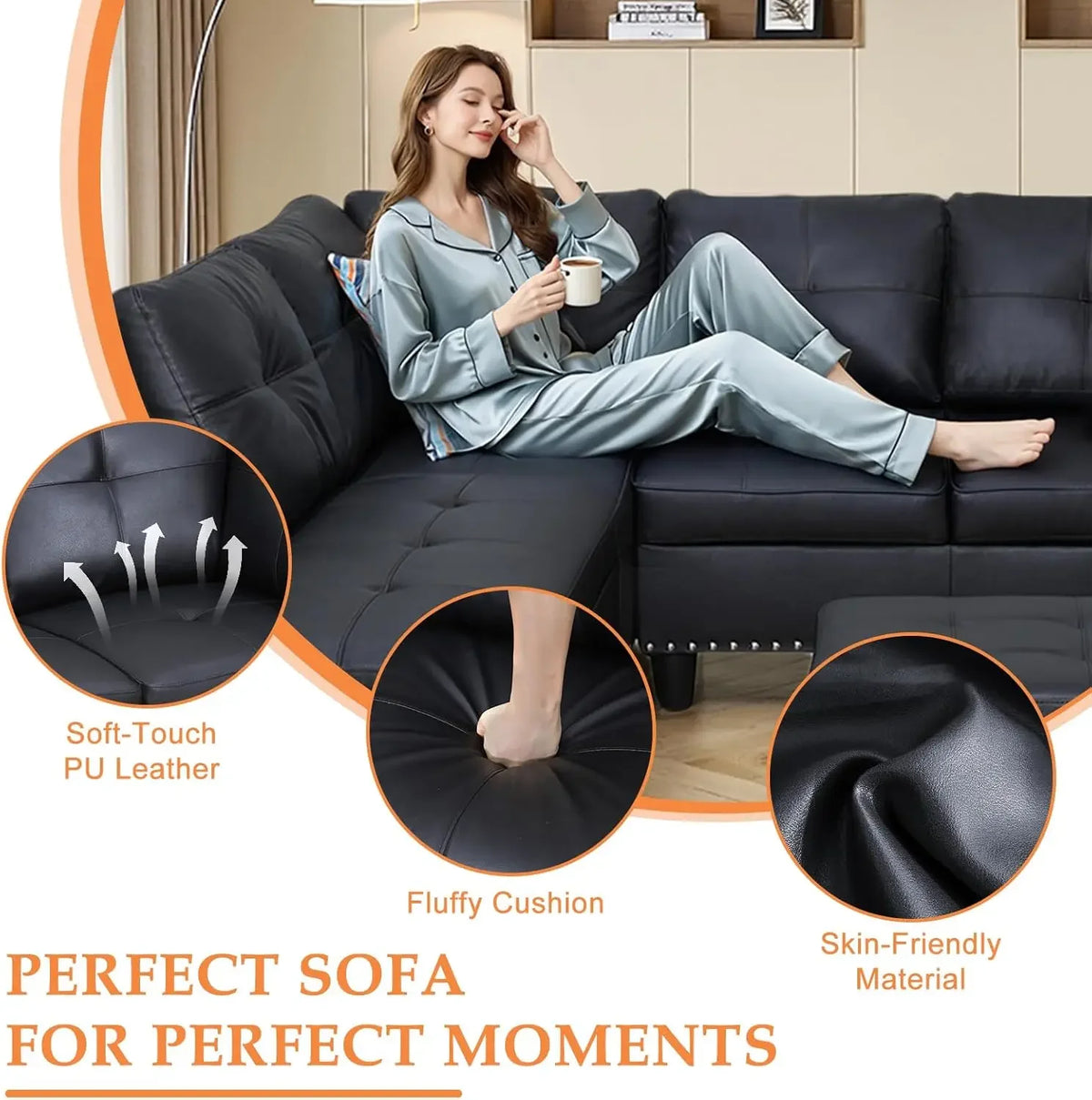 Modern L Shaped Faux Leather Sectional Sofa Set With Chaise Ottoman Cup Holder And Pillows Black
