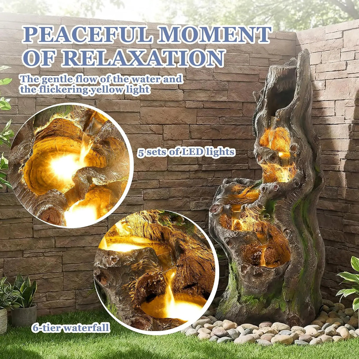 Cascading 6 Tiers Water Fountain Outside 5 LED Lights 40 H Large Garden Yard Deck Decor Natural Tree Trunk Look