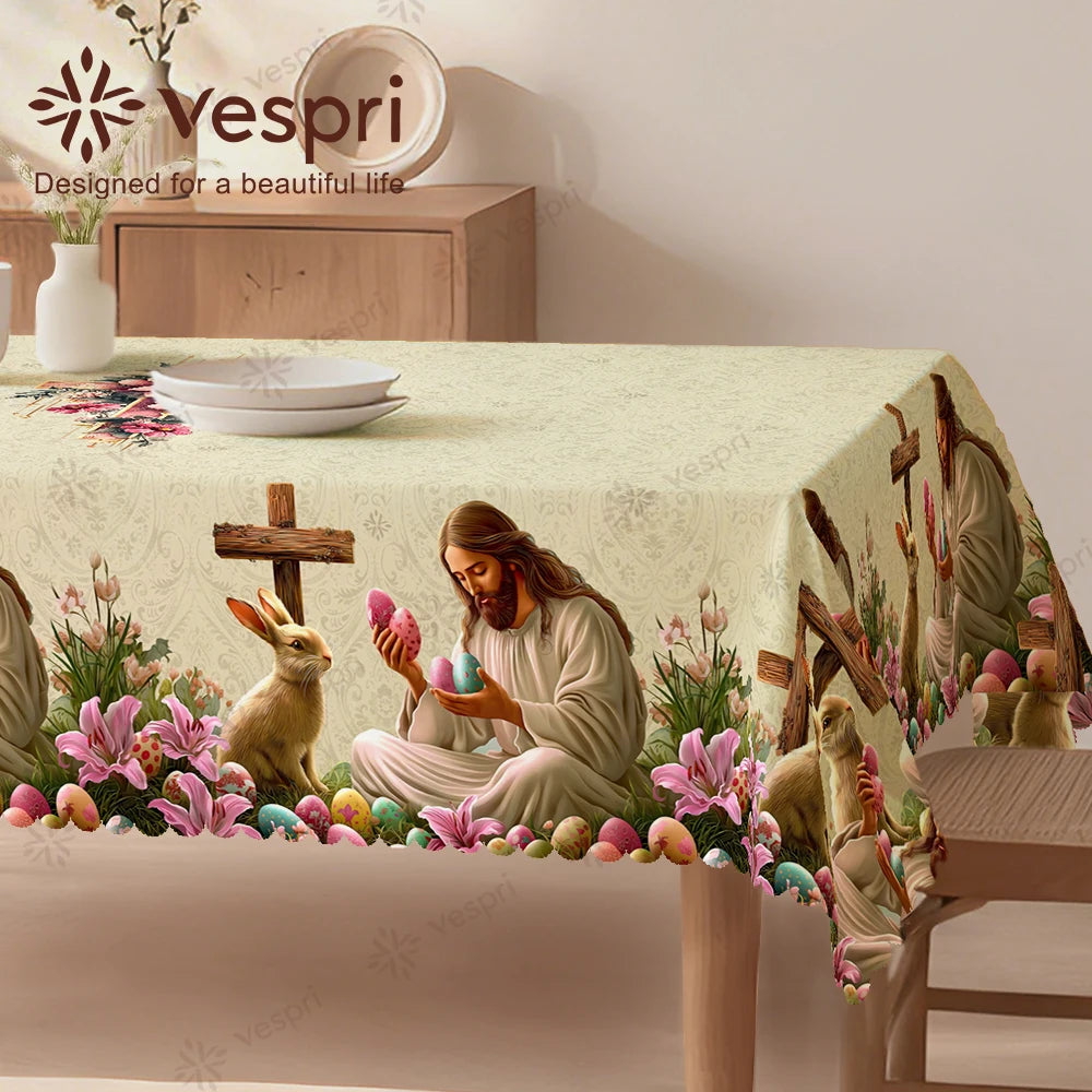Vespri Easter Tablecloth Decor White Green Flower Rabbit Cross Round Rectangle Oval for Restaurants Parties Festivals