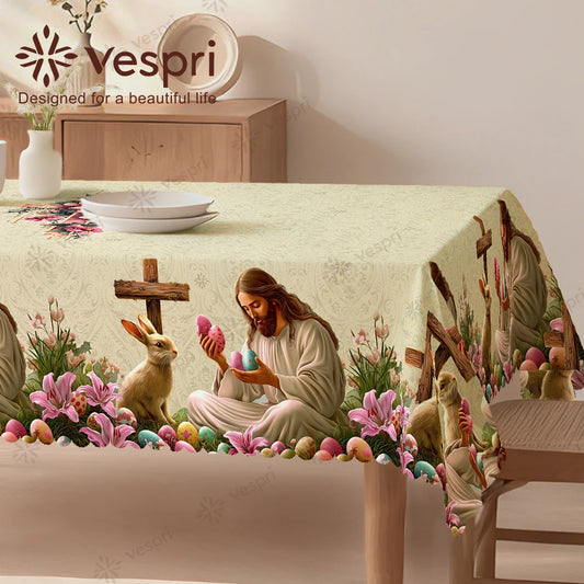 Vespri Easter Tablecloth Decor White Green Flower Rabbit Cross Round Rectangle Oval for Restaurants Parties Festivals