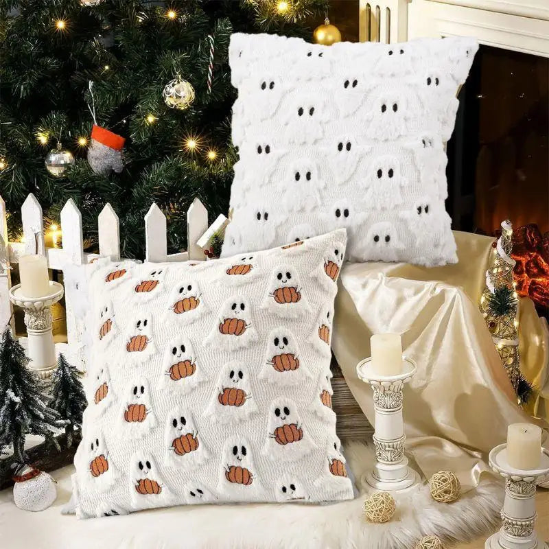 Ghost Pumpkin Plush Faux Fur Pillow Covers Soft Halloween Decor for Sofa Couch Bed Living Room White Orange Pillowcases 45x45CM