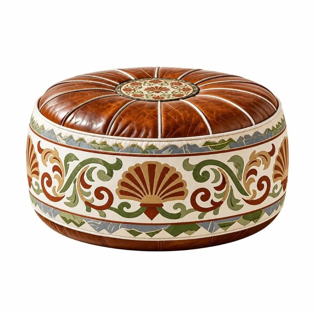New PU Leather Fillable Ottoman Pouf Embroidered Pattern Moroccan Style Storage Ottoman Round Shape Floor Seat Cushion Home Use