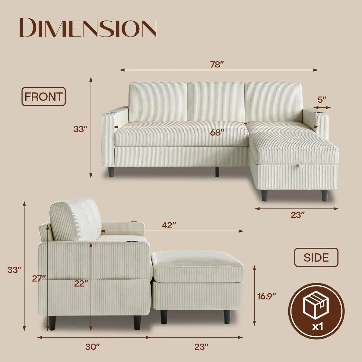 Convertible Sectional Couches for Living Room, 3 Seats L Shaped Sofa with Storage Ottoman & 2 Cup Holders, Modern, Custom