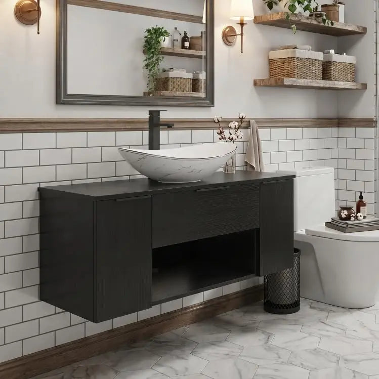 36'' Floating Bathroom Vanity with Sink, Wall Mounted Vanity, Black | Floating Bathroom Cabinets, Black handle, 1 Door