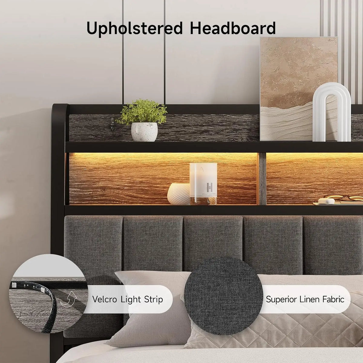 ONBRILL King Size Upholstered Headboard with Storage, RGB LED Lights and Charging Station, Black & Gray Linen Padded Headboard for Bedroom