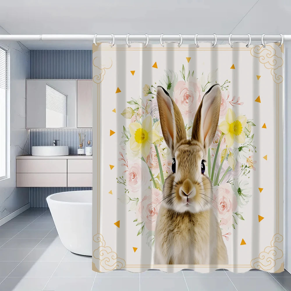 4/1 Easter Bunny shower curtain set, toilet seat decoration, shower curtain with carpet and toilet lid, size 70.8x70.8 in