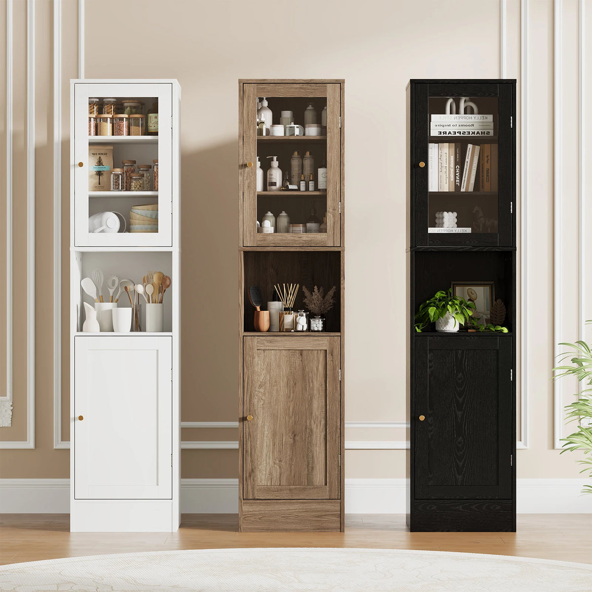 67" Tall Slim Bathroom Storage Cabinet with Glass Doors Adjustable Shelves & Anti-Tip Kit – Space-Saving Linen Tower for Bath, Kitchen or Laundry Room (Gray Wood Grain/Black/White)