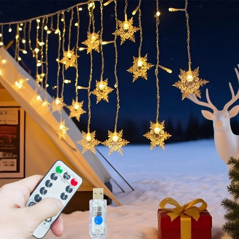 Snowflake Christmas String Lights 3.2M 8 Modes Outdoor Garden Patio Window Roof Eaves Yard Holiday Party Wedding Home Decoration