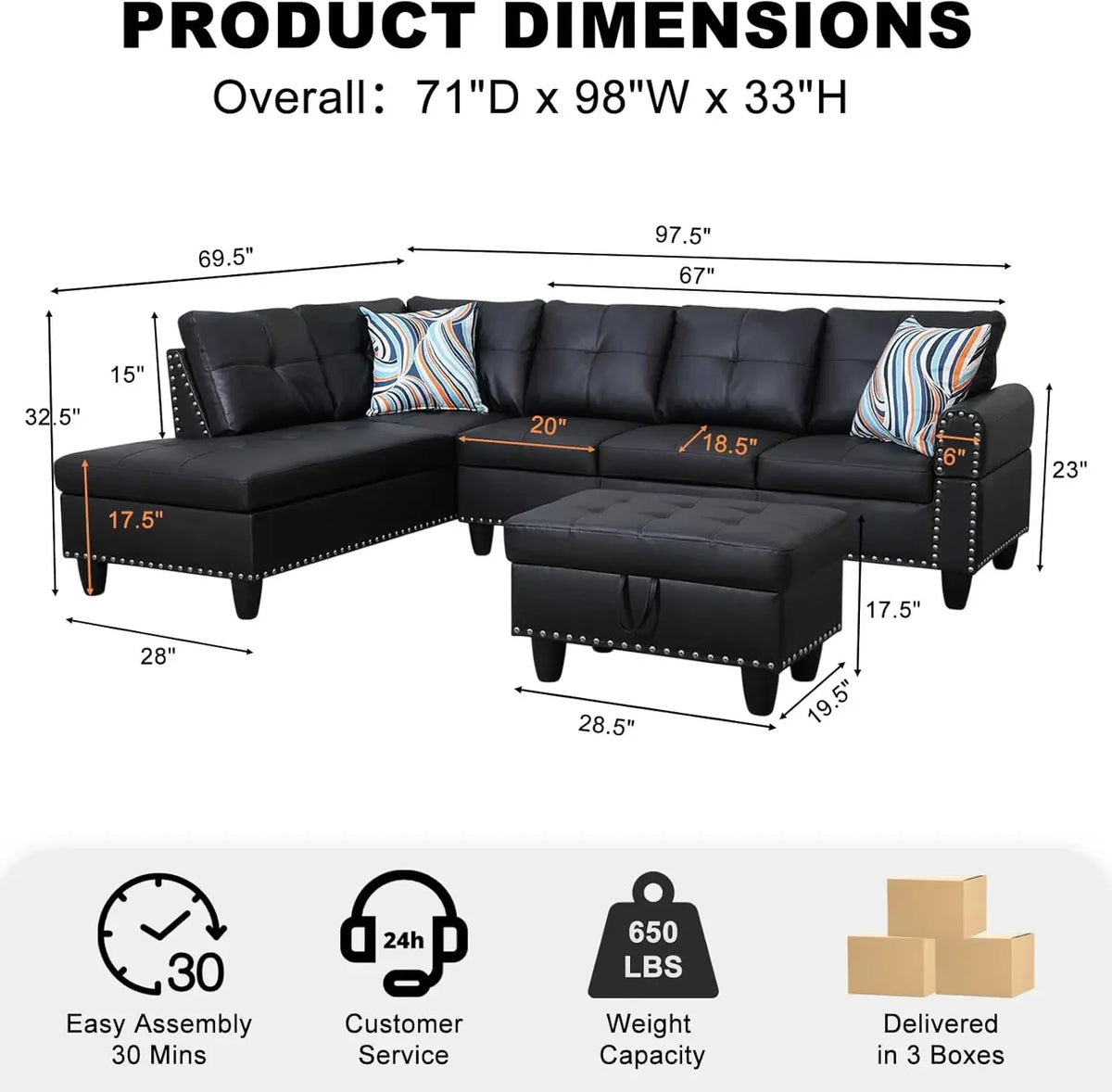 Modern L Shaped Faux Leather Sectional Sofa Set With Chaise Ottoman Cup Holder And Pillows Black