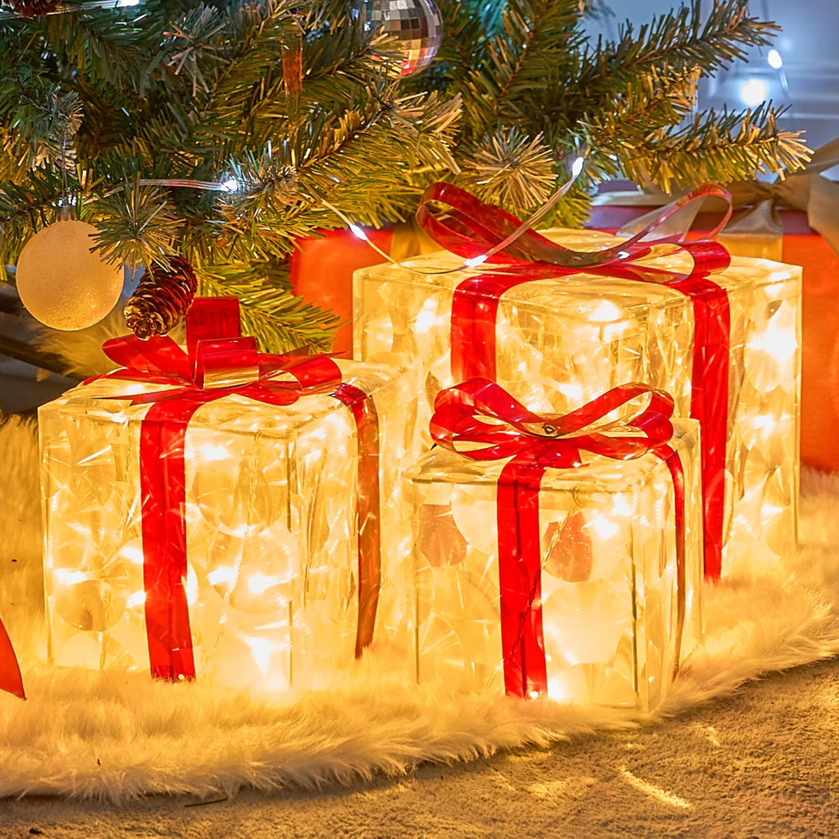 Christmas Lights Gift Box LED Lighted Presents USB Powered 3PCS Set Warm White 8 Modes for Tree Home Holiday Decor