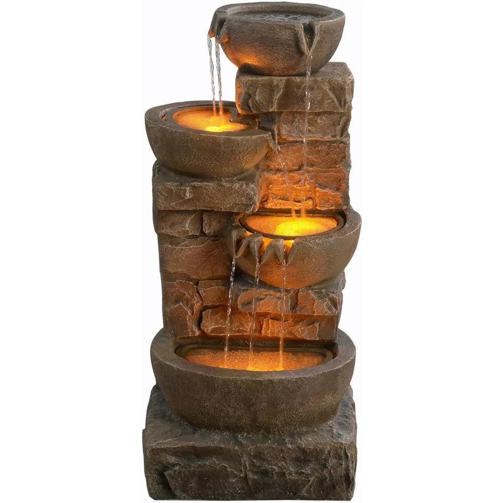 US Shipped   LED Waterfall Fountain with Cascading Bowls and Stacked Stones for Garden Patio