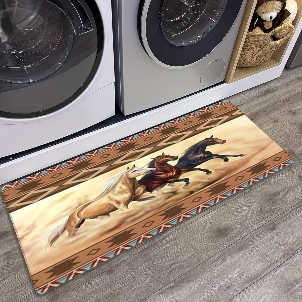 Tribal Geometric Border Running Horse Print Runner Rug, Non-Slip Washable Mat for Bedroom, Entryway, Hallway & Western Rustic
