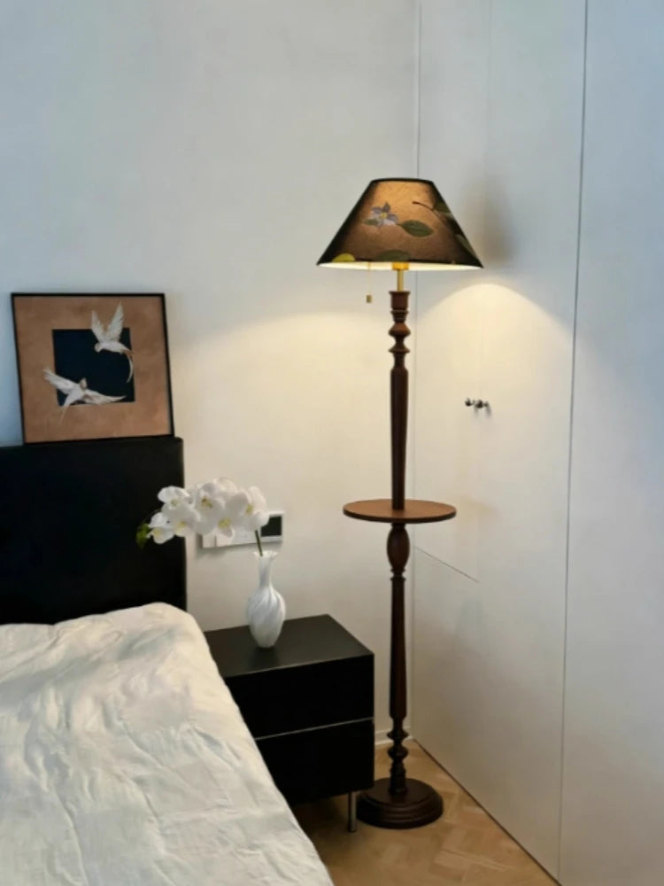 French Retro Solid Wood Floor Lamp Living Room Standing Lamp Bedroom Bedside Light Storage Rack Room Decoration Antique Lamp LED