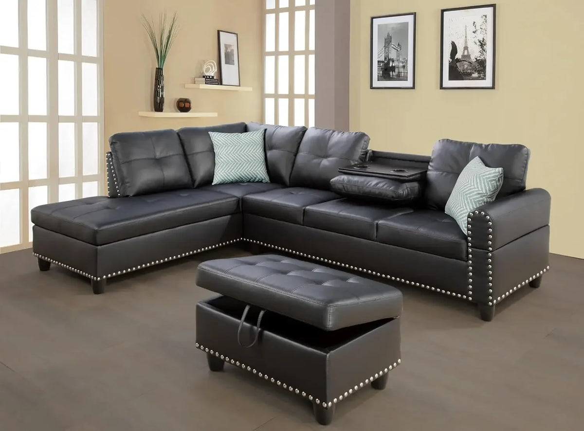 Modern L Shaped Faux Leather Sectional Sofa Set With Chaise Ottoman Cup Holder And Pillows Black