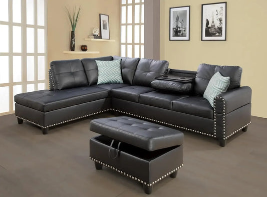 Modern L Shaped Faux Leather Sectional Sofa Set With Chaise Ottoman Cup Holder And Pillows Black