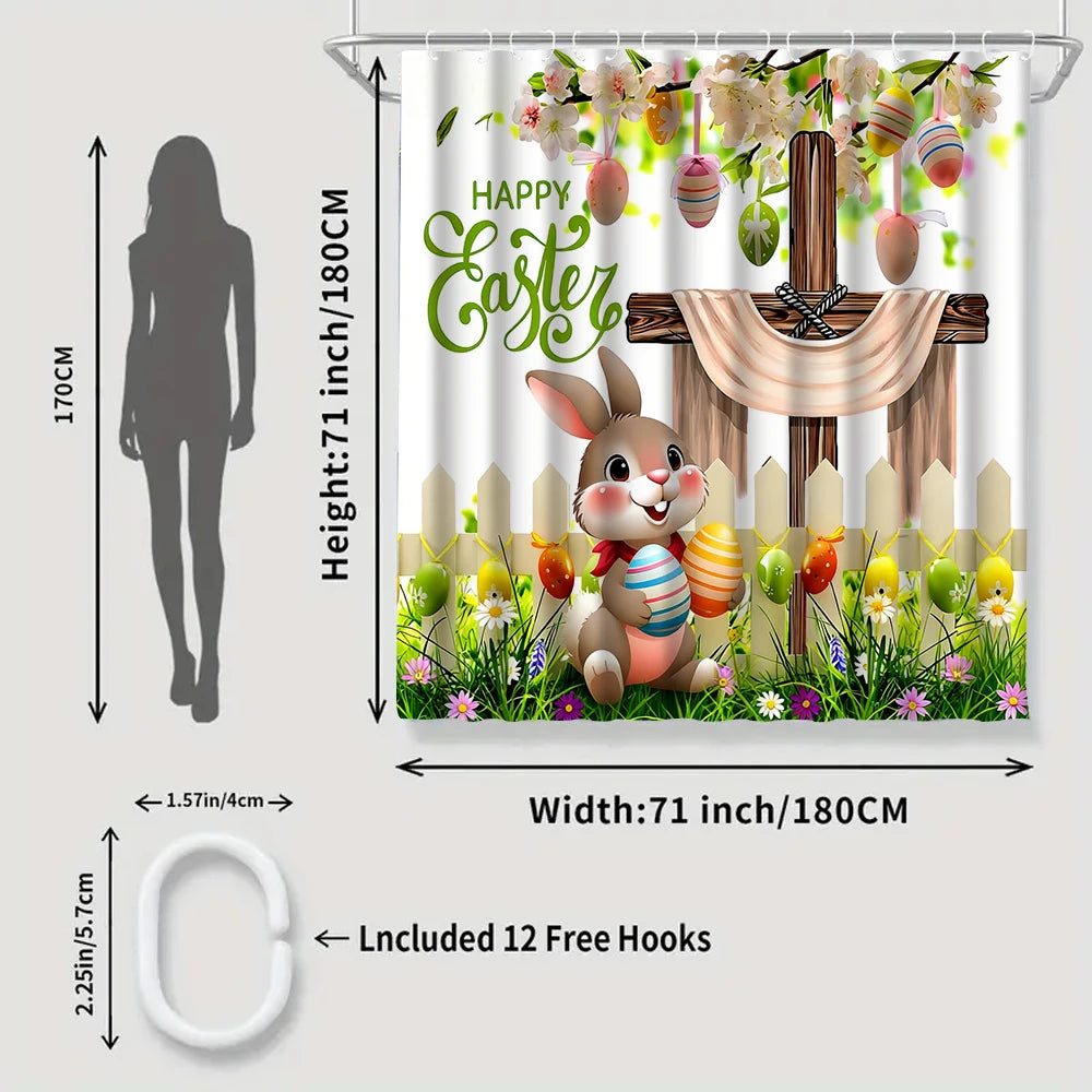 4/1 Easter Bunny shower curtain set, toilet seat decoration, shower curtain with carpet and toilet lid, size 70.8x70.8 in