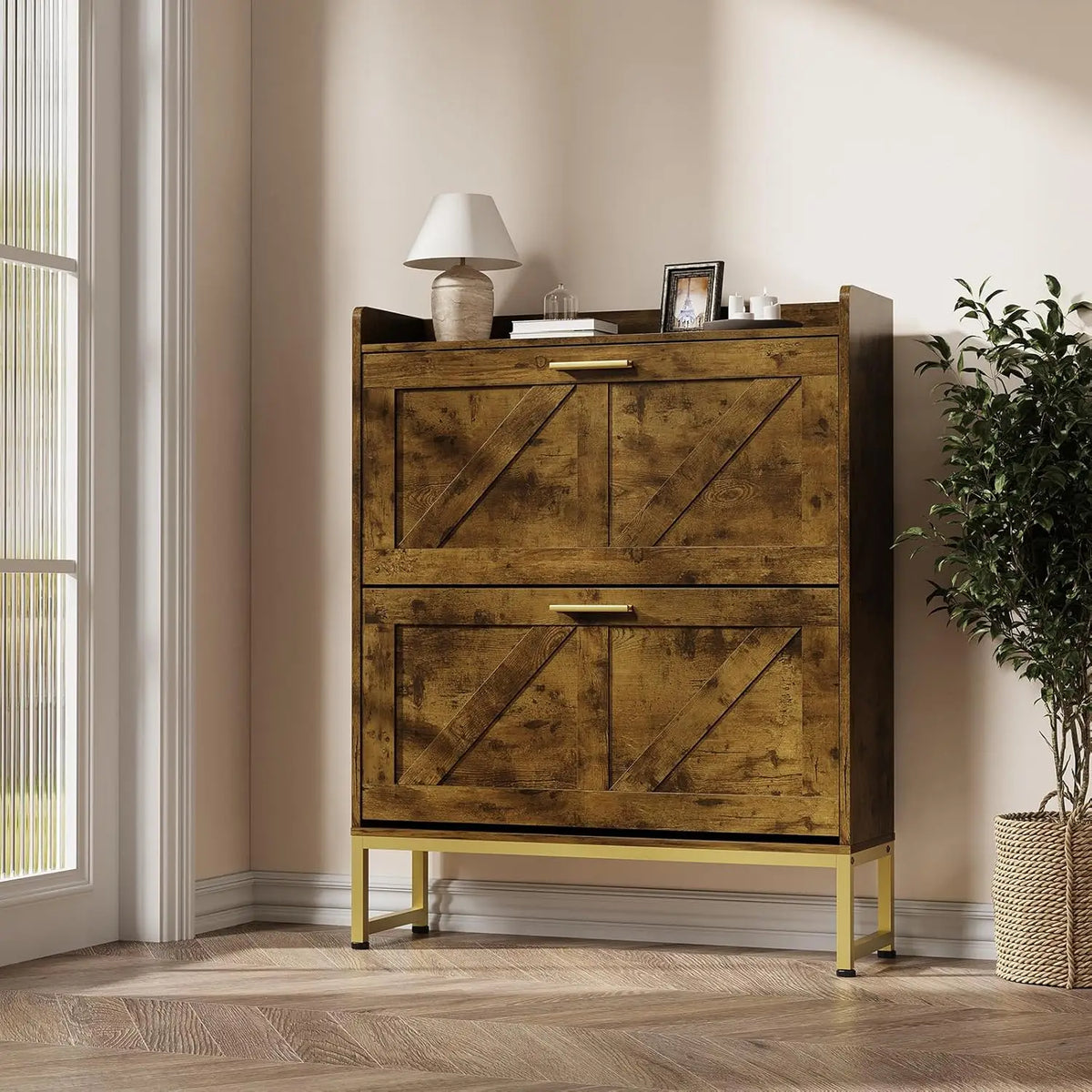 Narrow Shoe Cabinet For Entryway With 2-Tier Flip Drawers, Adjustable Shelves, Dustproof Back Panel, Freestanding Organizer
