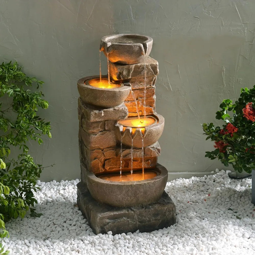 US Shipped   LED Waterfall Fountain with Cascading Bowls and Stacked Stones for Garden Patio