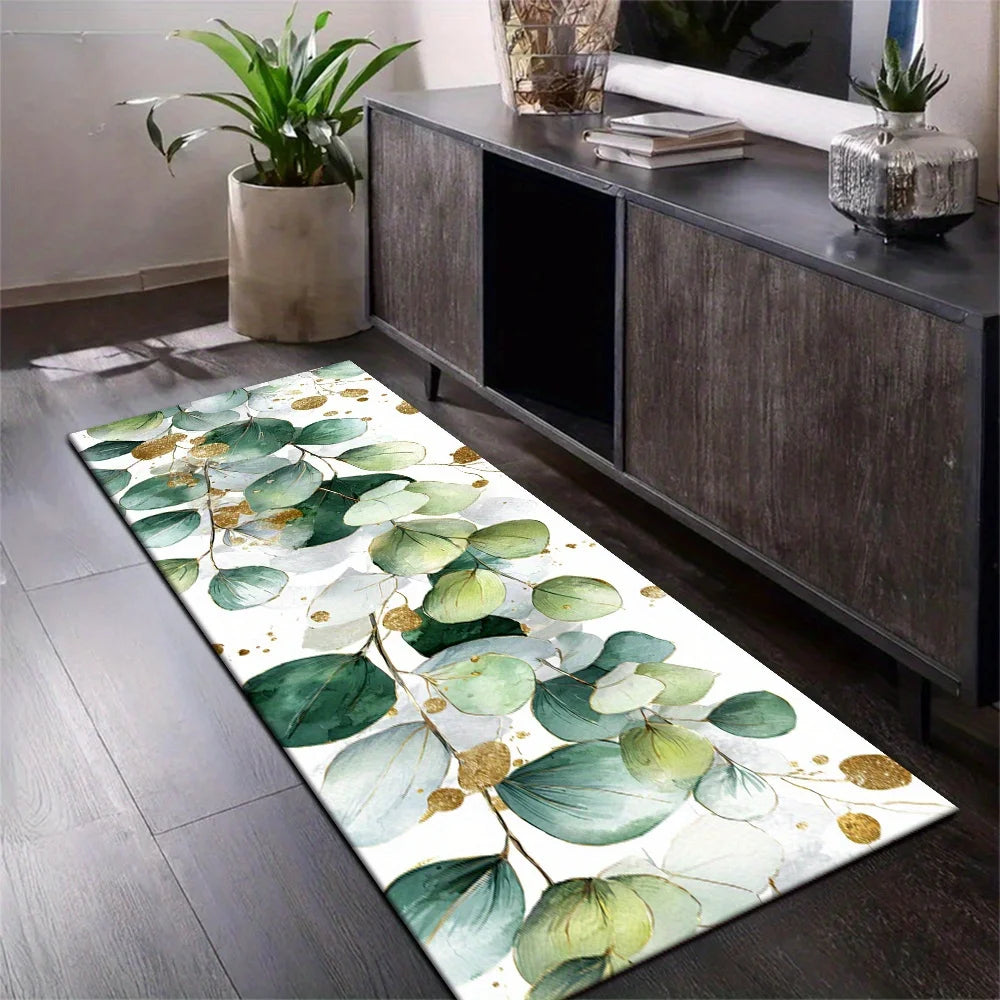 Minimalist Eucalyptus Leaf Gold Speckle Runner Rug on white base,non-slip decorative mat for bedroom, entryway and home corridor