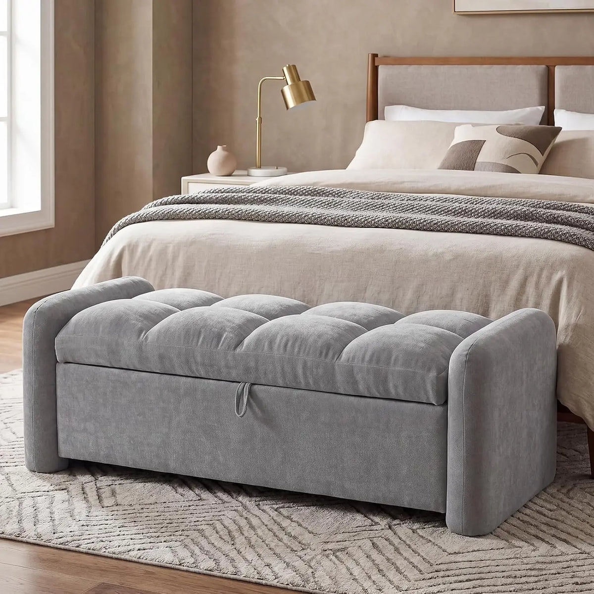 Oversized Corduroy Storage Ottoman Bench, Upholstered End of Bed & Living Room Foot Rest, Beige, Customized
