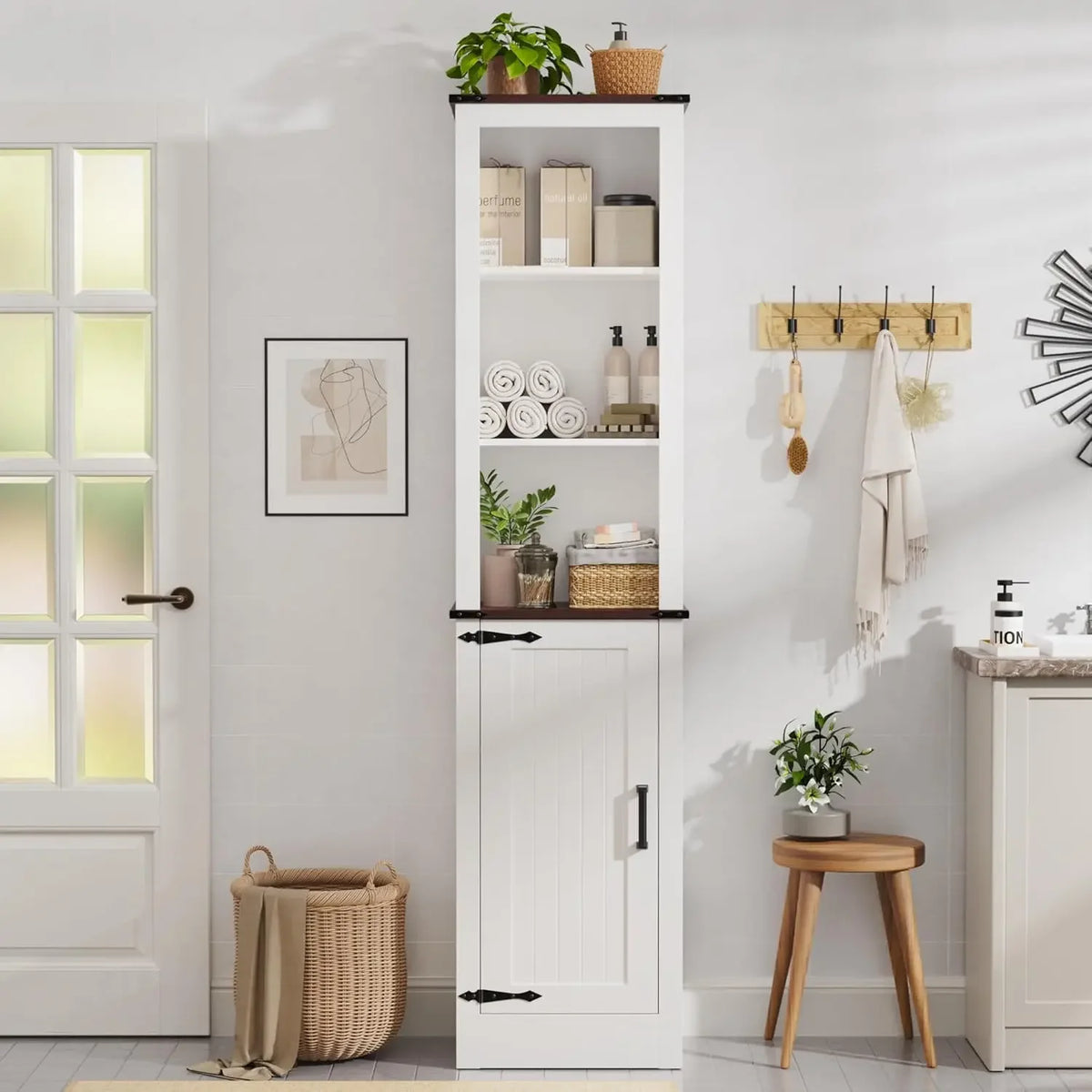 71" Tall Bathroom Storage Cabinet, Farmhouse Storage Cabinet with Adjustable Shelves, Narrow Linen Tower Cabinet for Bathroom, L
