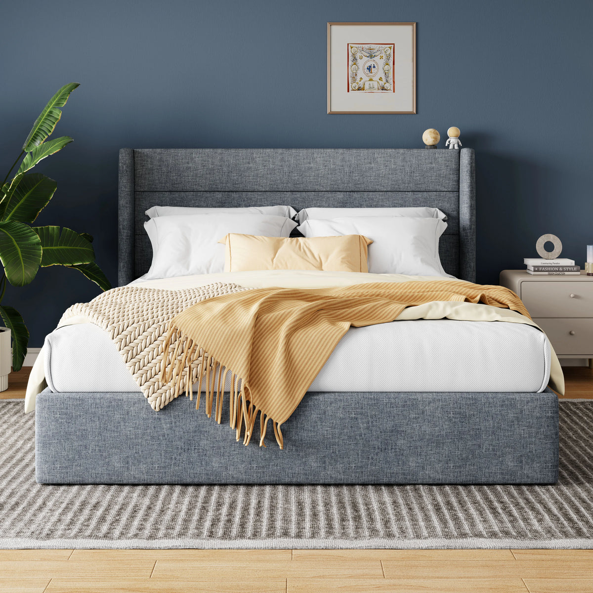 HOOMIC Lift Up Storage Bed with Wingback Headboard/Heavy-Duty Hydraulic Bed/Large Underneath Storage Allewie