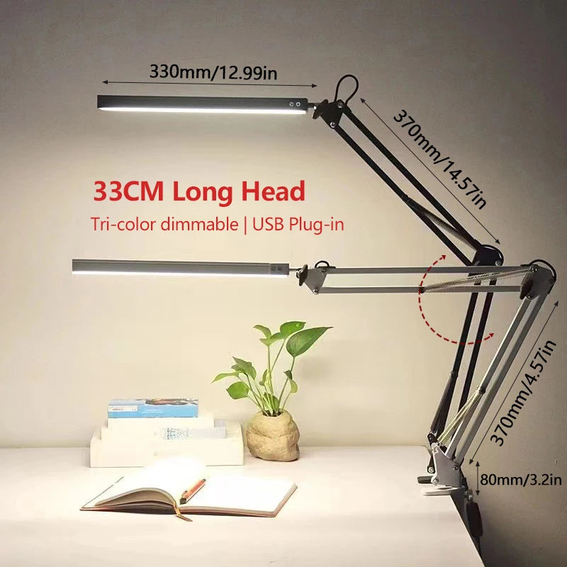 33CM LED Desk Lamp Adjustable Foldable Double Swing Arm Light Eye-Caring For Dormitory Study Office Architect Task Lamp Dimmable