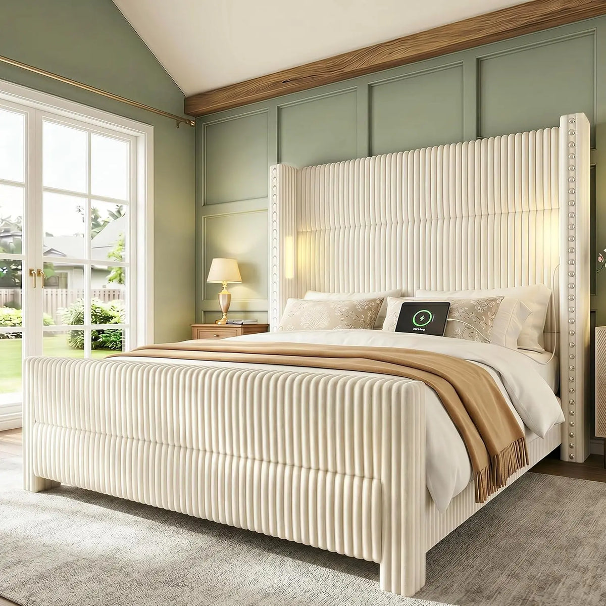 Queen Bed Frame with 56.7" Tall Wingback Headboard & Reading Lights, Cream | Corduroy Upholstered Platform Bed and, Customized