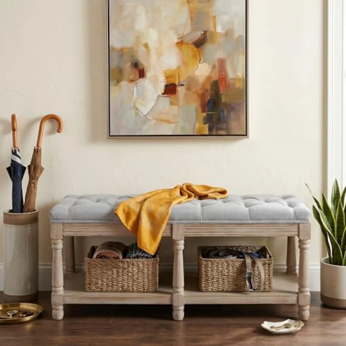 Shoe Rack Bench Storage Vintage Bedroom Padded Bench Seat End of Bed, Fabric Tufted Farmhouse French Entryway Bench