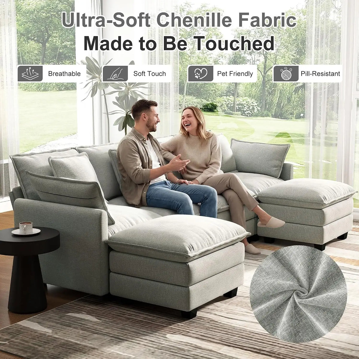 107" Cloud Couch Sectional Modular Sofa, Deep Seat Couches with Ottoman and Removable Washable Pillows for Living, Custom