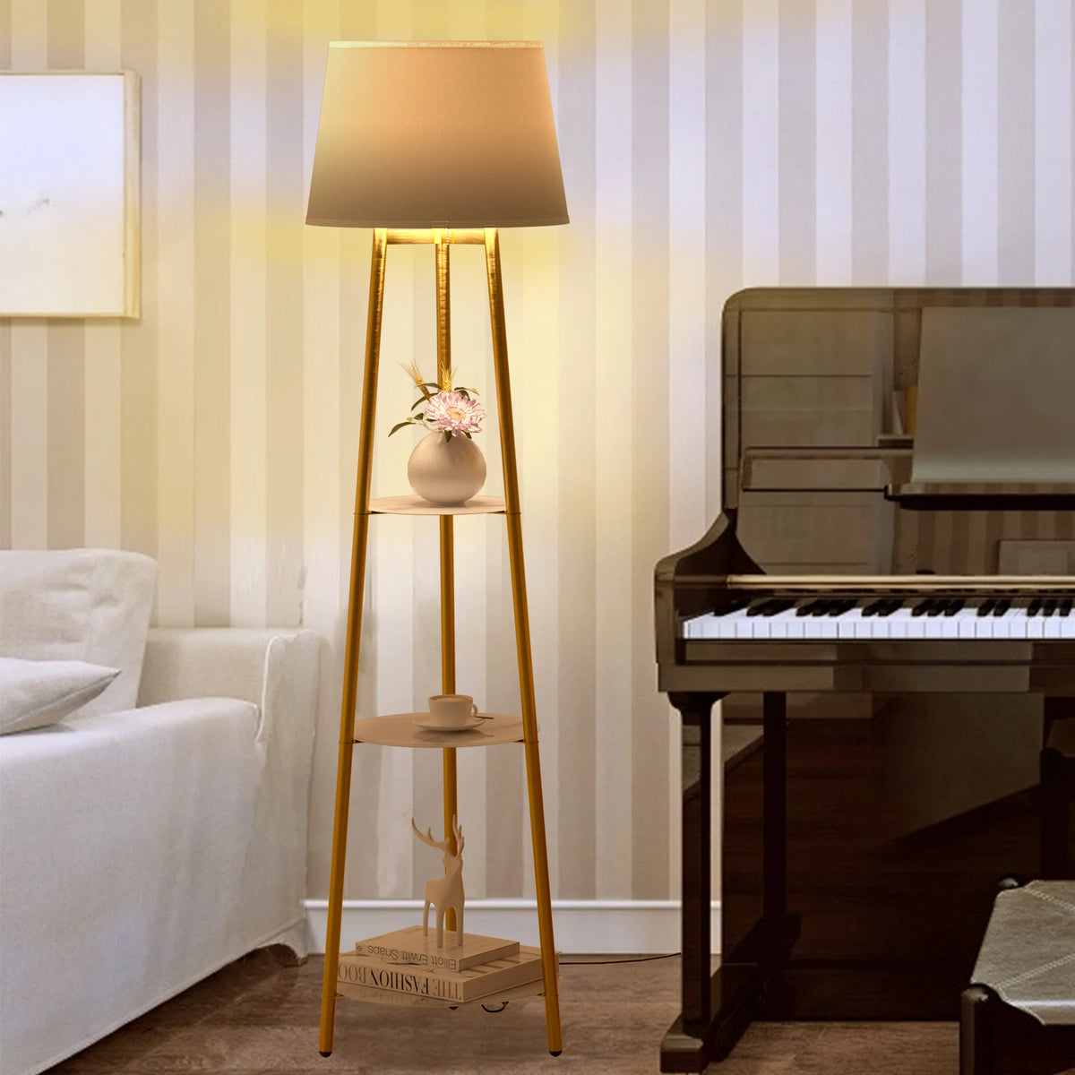 Modern Tripod Floor Lamp with 3 Shelves Adjustable Dimmable LED Corner Standing Lamp for Living Room Bedroom Storage